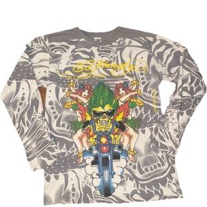 Ed Hardy Gray Long Sleeve Tee with Multicolor Skull Biker Graphic